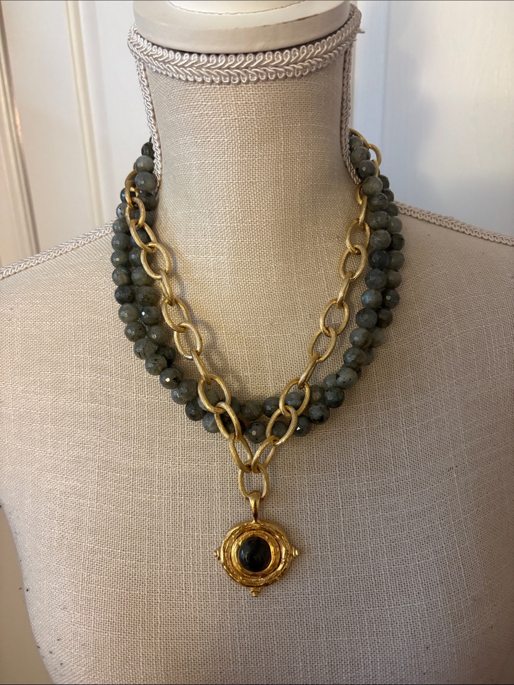 NIBWT Susan Shaw Gray Labradorite and Gold Statement Triple Layer Necklace - Picture 4 of 17